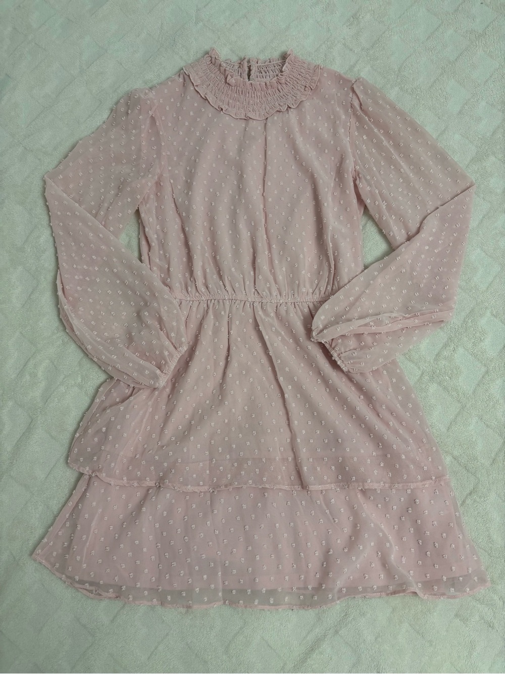 Light Pink Long-Sleeve Swiss Dot Dress with Ruffles